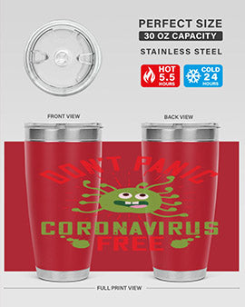 Don't Panic Coronavirus Free Tumbler in stainless steel with a motivational design, perfect for hot and cold beverages.