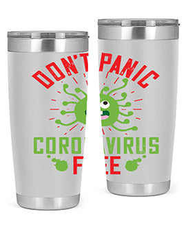 Don't Panic Coronavirus Free Tumbler in stainless steel with a motivational design, perfect for hot and cold beverages.