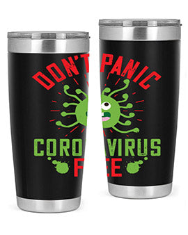 Don't Panic Coronavirus Free Tumbler in stainless steel with a motivational design, perfect for hot and cold beverages.