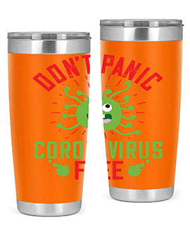 Don't Panic Coronavirus Free Tumbler in stainless steel with a motivational design, perfect for hot and cold beverages.