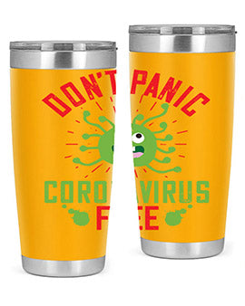 Don't Panic Coronavirus Free Tumbler in stainless steel with a motivational design, perfect for hot and cold beverages.