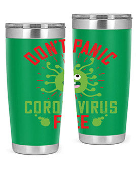 Don't Panic Coronavirus Free Tumbler in stainless steel with a motivational design, perfect for hot and cold beverages.