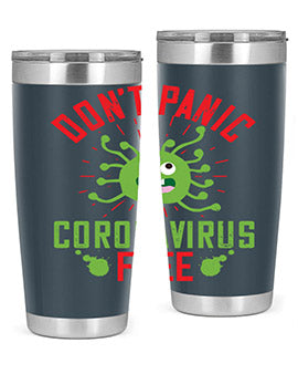 Don't Panic Coronavirus Free Tumbler in stainless steel with a motivational design, perfect for hot and cold beverages.