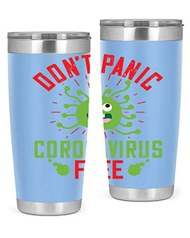 Don't Panic Coronavirus Free Tumbler in stainless steel with a motivational design, perfect for hot and cold beverages.
