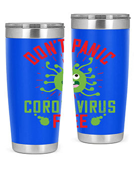 Don't Panic Coronavirus Free Tumbler in stainless steel with a motivational design, perfect for hot and cold beverages.