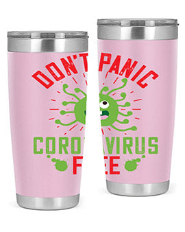 Don't Panic Coronavirus Free Tumbler in stainless steel with a motivational design, perfect for hot and cold beverages.