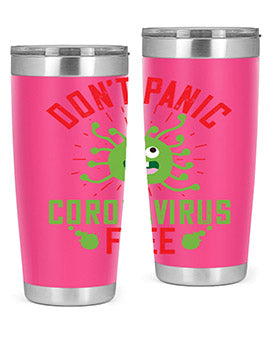 Don't Panic Coronavirus Free Tumbler in stainless steel with a motivational design, perfect for hot and cold beverages.