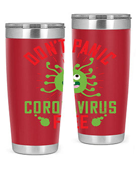 Don't Panic Coronavirus Free Tumbler in stainless steel with a motivational design, perfect for hot and cold beverages.