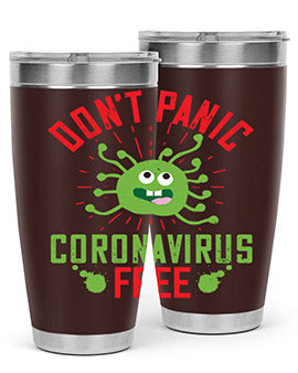 Don't Panic Coronavirus Free Tumbler in stainless steel with a motivational design, perfect for hot and cold beverages.