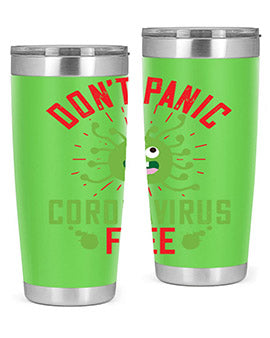 Don't Panic Coronavirus Free Tumbler in stainless steel with a motivational design, perfect for hot and cold beverages.