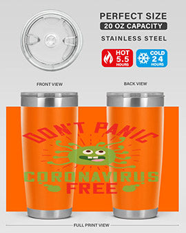 Don't Panic Coronavirus Free Tumbler in stainless steel with a motivational design, perfect for hot and cold beverages.