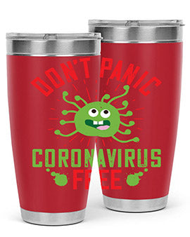 Don't Panic Coronavirus Free Tumbler in stainless steel with a motivational design, perfect for hot and cold beverages.