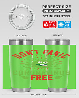 Don't Panic Coronavirus Free Tumbler in stainless steel with a motivational design, perfect for hot and cold beverages.