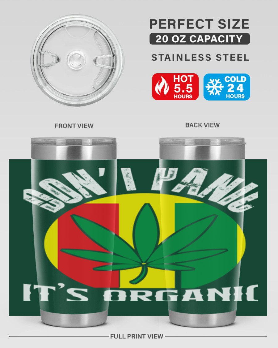 Dont Panic It's Organic 70# Tumbler in stainless steel with vibrant print, showcasing double wall vacuum insulation and a drink-thru lid.
