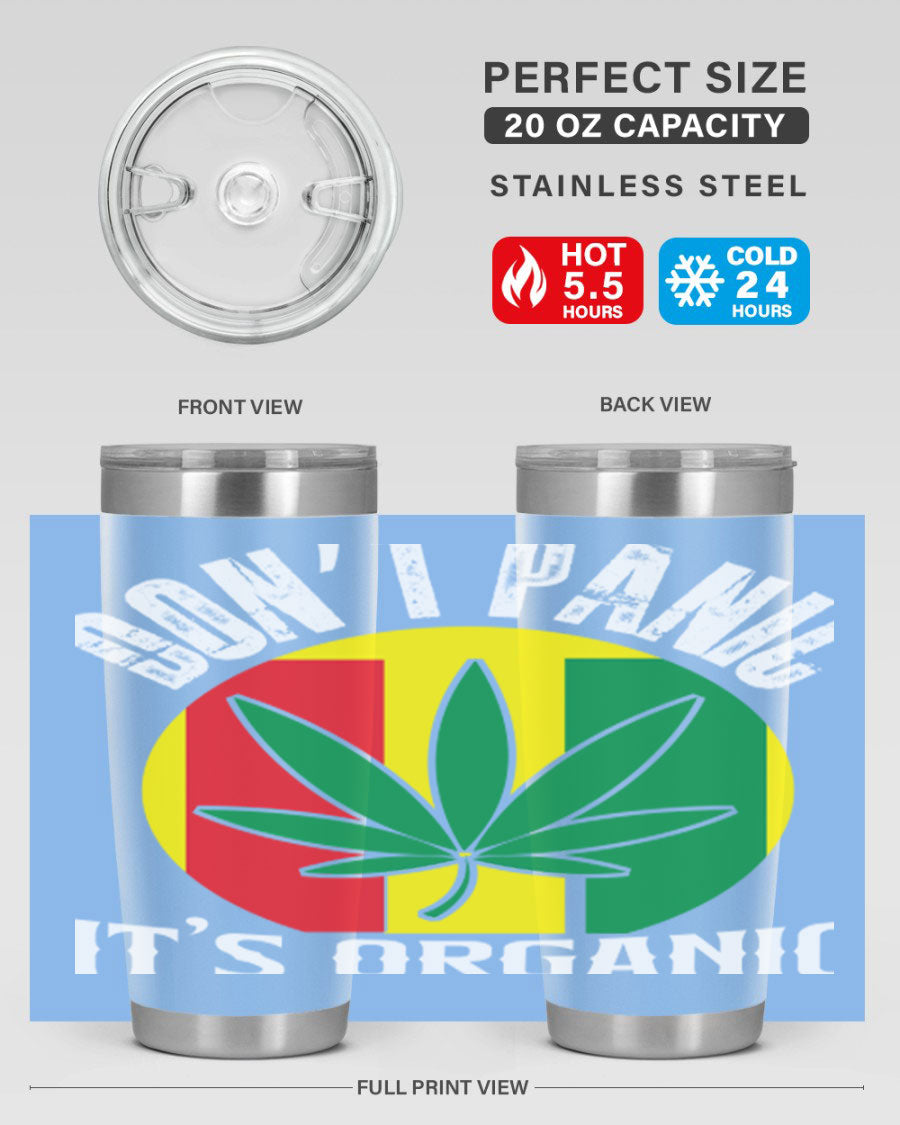 Dont Panic It's Organic 70# Tumbler in stainless steel with vibrant print, showcasing double wall vacuum insulation and a drink-thru lid.