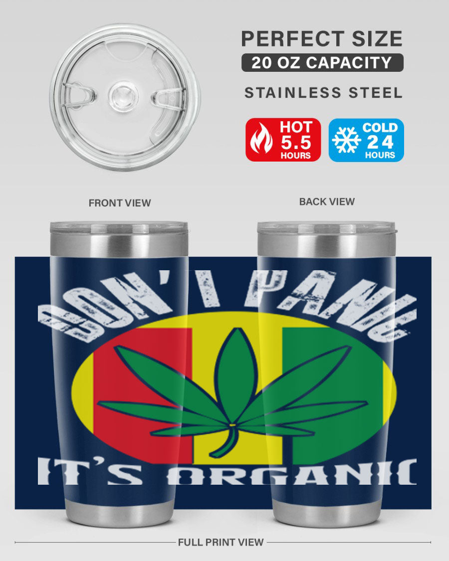 Dont Panic It's Organic 70# Tumbler in stainless steel with vibrant print, showcasing double wall vacuum insulation and a drink-thru lid.