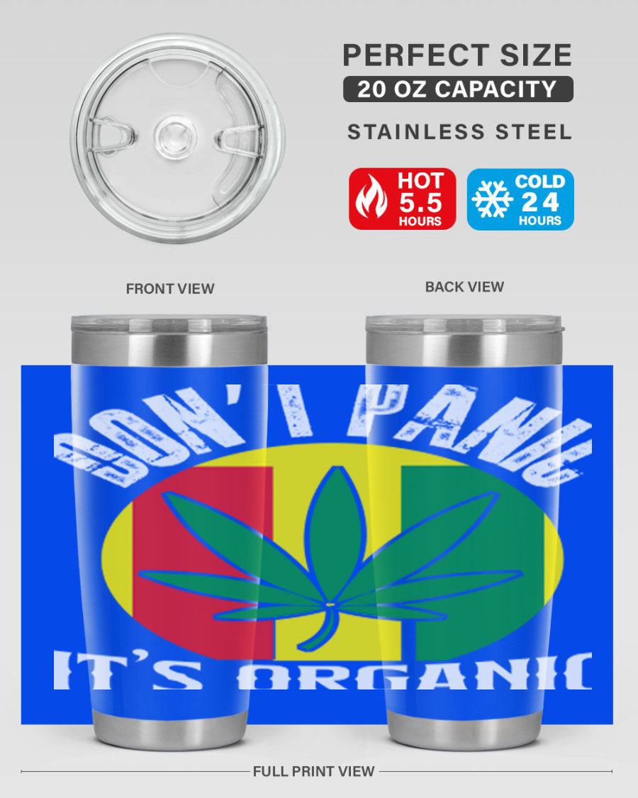 Dont Panic It's Organic 70# Tumbler in stainless steel with vibrant print, showcasing double wall vacuum insulation and a drink-thru lid.