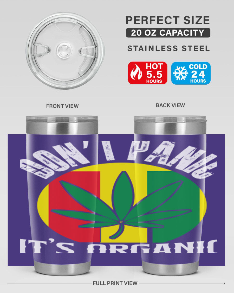 Dont Panic It's Organic 70# Tumbler in stainless steel with vibrant print, showcasing double wall vacuum insulation and a drink-thru lid.