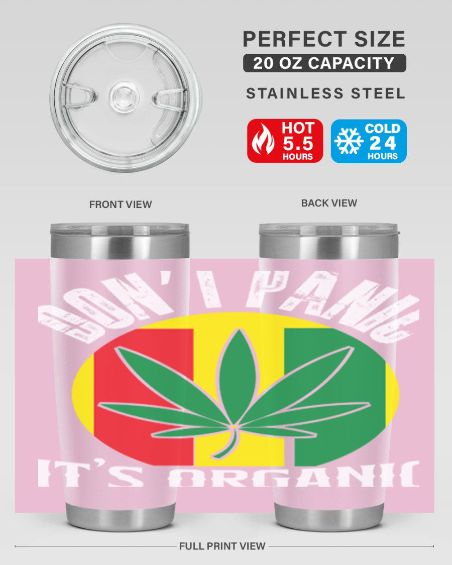 Dont Panic It's Organic 70# Tumbler in stainless steel with vibrant print, showcasing double wall vacuum insulation and a drink-thru lid.