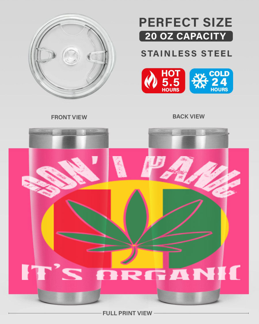 Dont Panic It's Organic 70# Tumbler in stainless steel with vibrant print, showcasing double wall vacuum insulation and a drink-thru lid.
