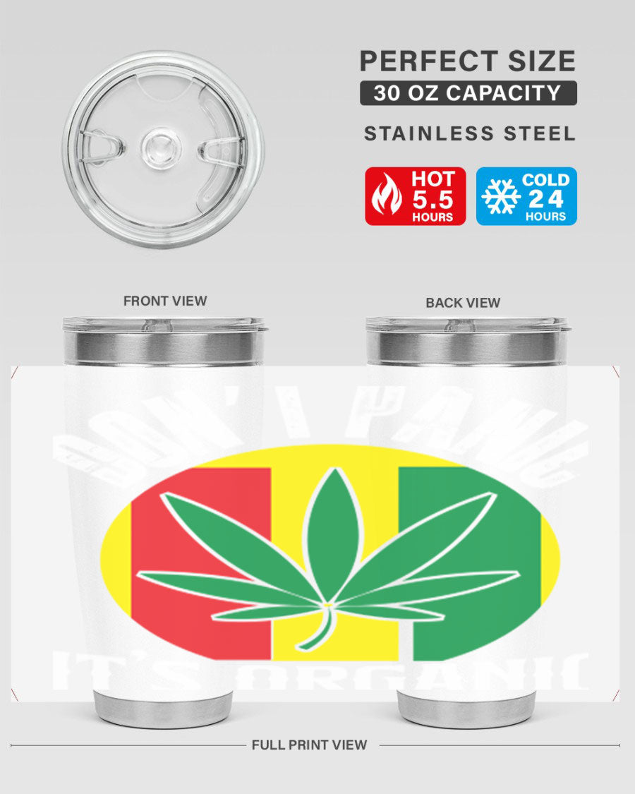 Dont Panic It's Organic 70# Tumbler in stainless steel with vibrant print, showcasing double wall vacuum insulation and a drink-thru lid.