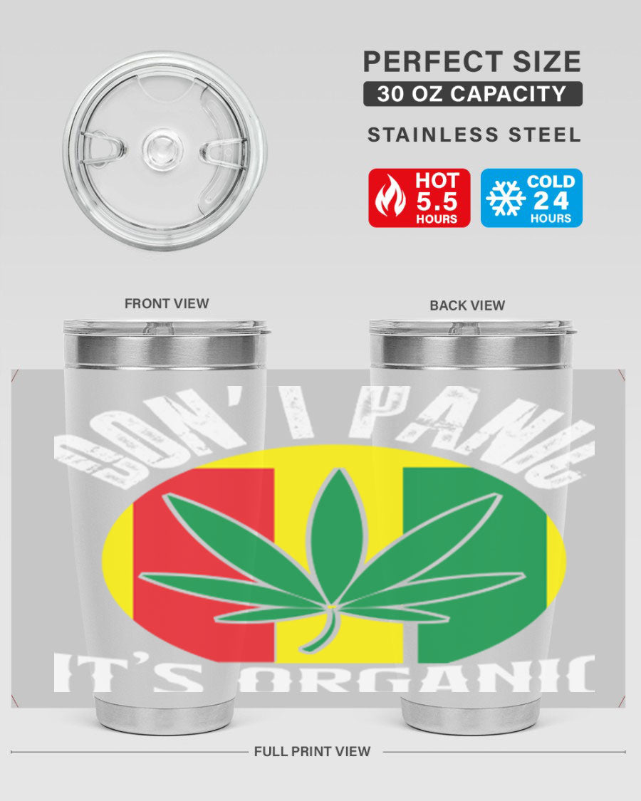 Dont Panic It's Organic 70# Tumbler in stainless steel with vibrant print, showcasing double wall vacuum insulation and a drink-thru lid.
