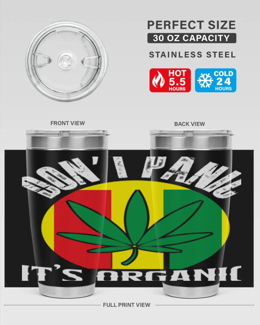 Dont Panic It's Organic 70# Tumbler in stainless steel with vibrant print, showcasing double wall vacuum insulation and a drink-thru lid.
