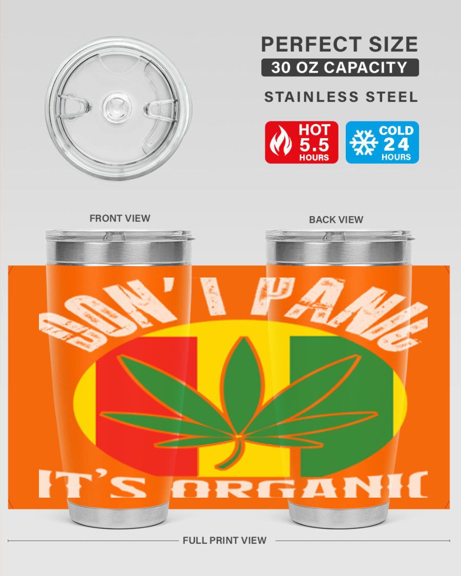 Dont Panic It's Organic 70# Tumbler in stainless steel with vibrant print, showcasing double wall vacuum insulation and a drink-thru lid.