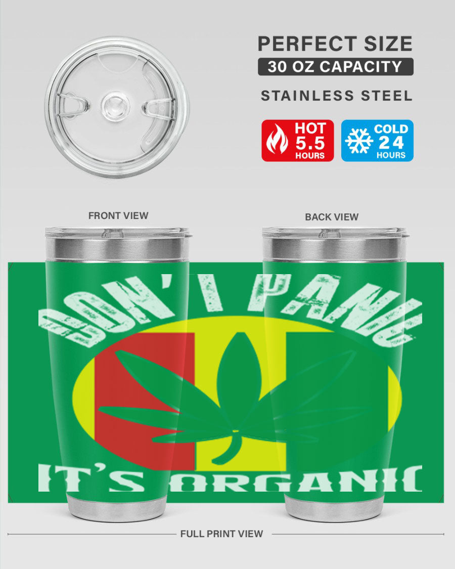 Dont Panic It's Organic 70# Tumbler in stainless steel with vibrant print, showcasing double wall vacuum insulation and a drink-thru lid.