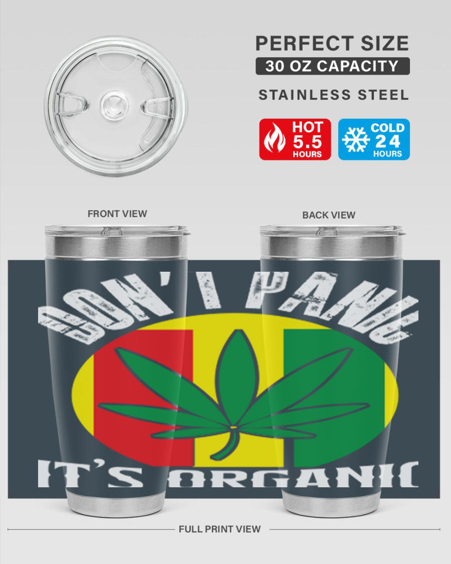 Dont Panic It's Organic 70# Tumbler in stainless steel with vibrant print, showcasing double wall vacuum insulation and a drink-thru lid.