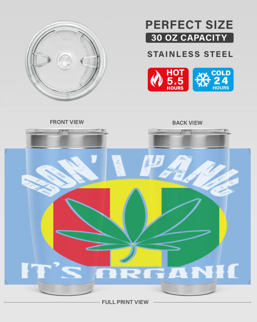 Dont Panic It's Organic 70# Tumbler in stainless steel with vibrant print, showcasing double wall vacuum insulation and a drink-thru lid.