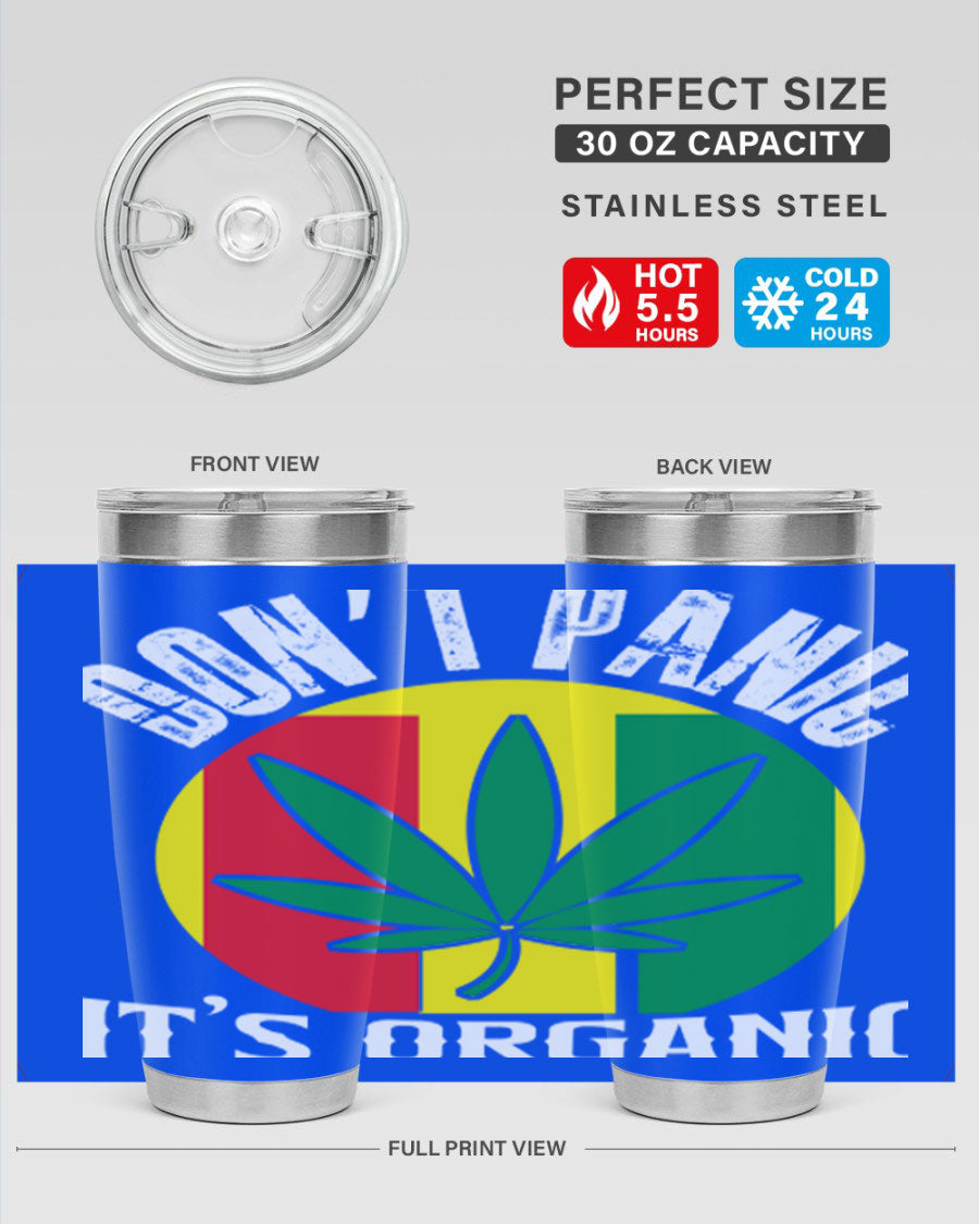 Dont Panic It's Organic 70# Tumbler in stainless steel with vibrant print, showcasing double wall vacuum insulation and a drink-thru lid.