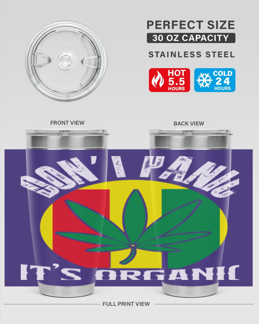 Dont Panic It's Organic 70# Tumbler in stainless steel with vibrant print, showcasing double wall vacuum insulation and a drink-thru lid.