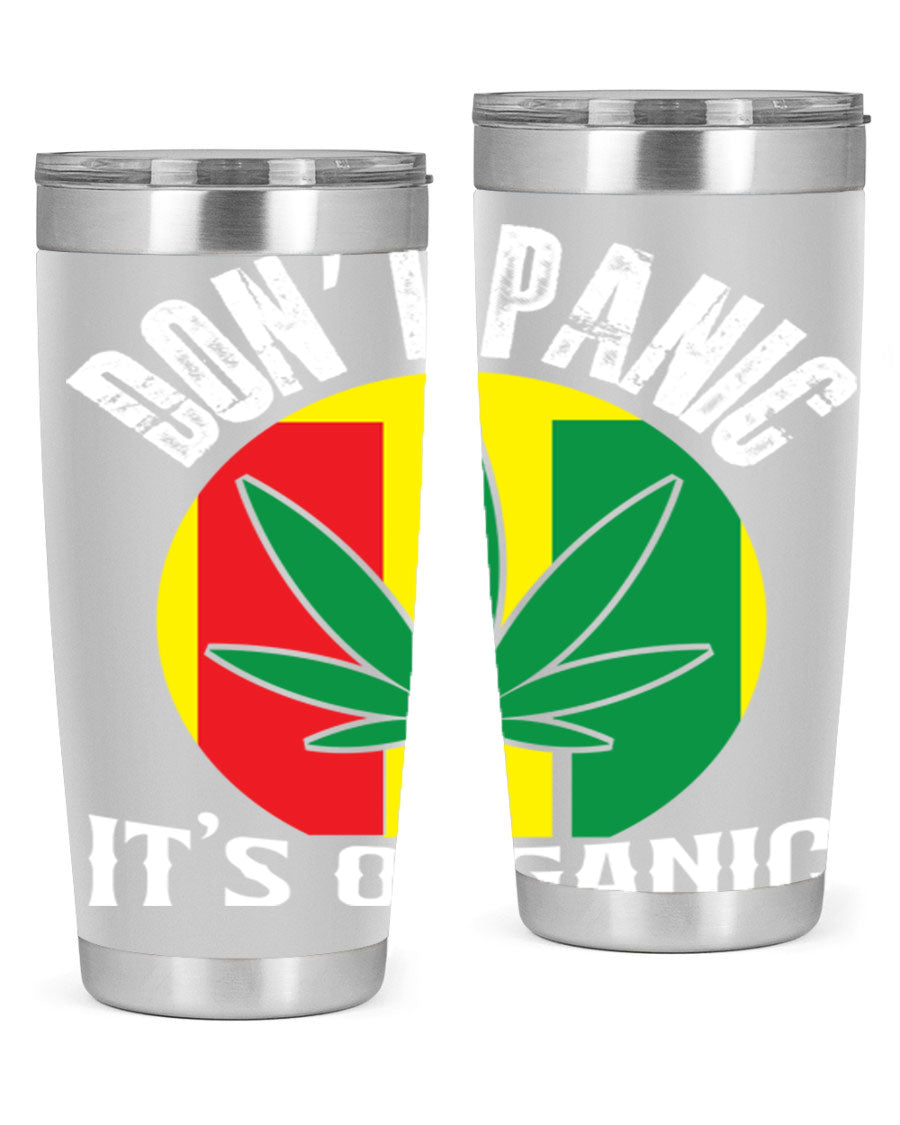 Dont Panic It's Organic 70# Tumbler in stainless steel with vibrant print, showcasing double wall vacuum insulation and a drink-thru lid.