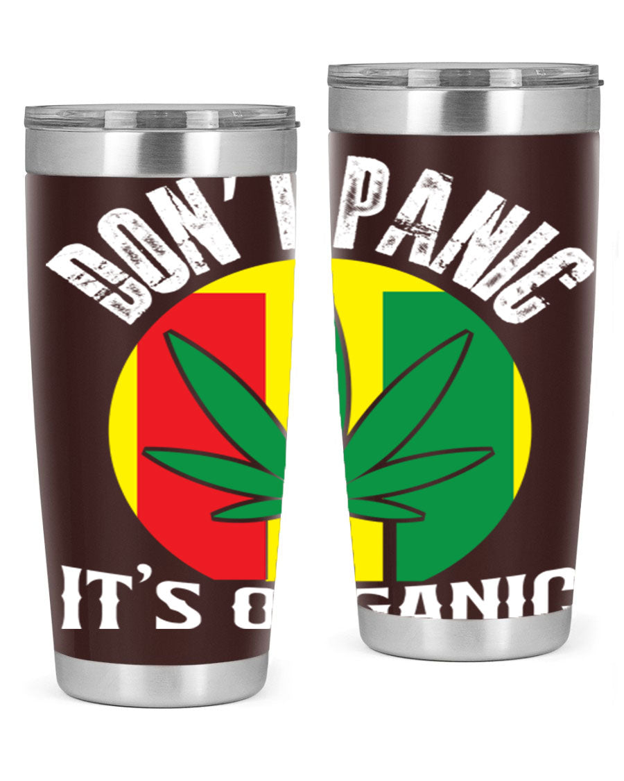 Dont Panic It's Organic 70# Tumbler in stainless steel with vibrant print, showcasing double wall vacuum insulation and a drink-thru lid.
