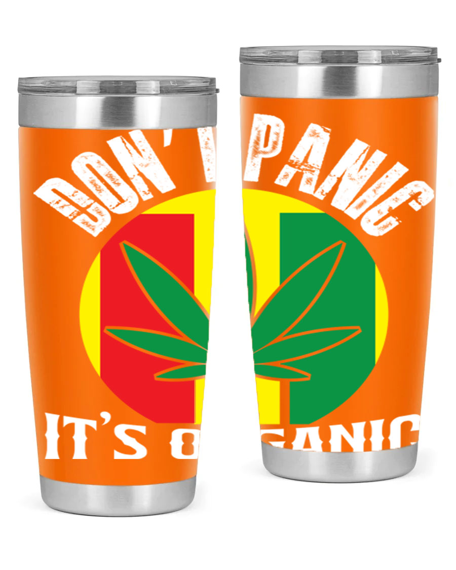 Dont Panic It's Organic 70# Tumbler in stainless steel with vibrant print, showcasing double wall vacuum insulation and a drink-thru lid.