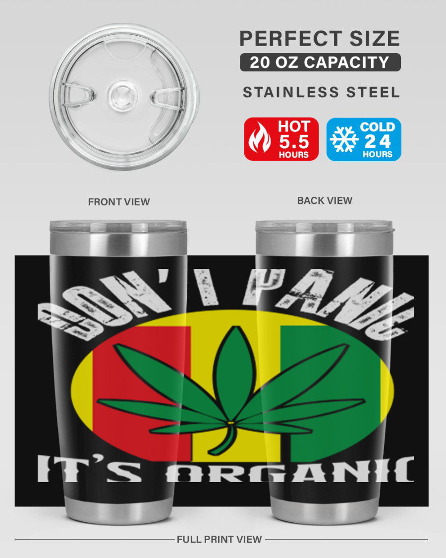 Dont Panic It's Organic 70# Tumbler in stainless steel with vibrant print, showcasing double wall vacuum insulation and a drink-thru lid.
