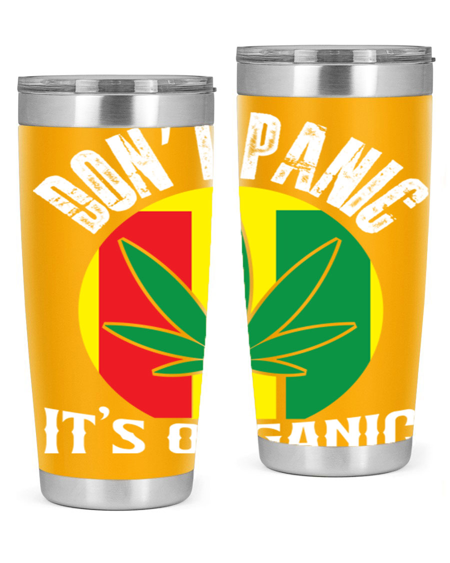 Dont Panic It's Organic 70# Tumbler in stainless steel with vibrant print, showcasing double wall vacuum insulation and a drink-thru lid.