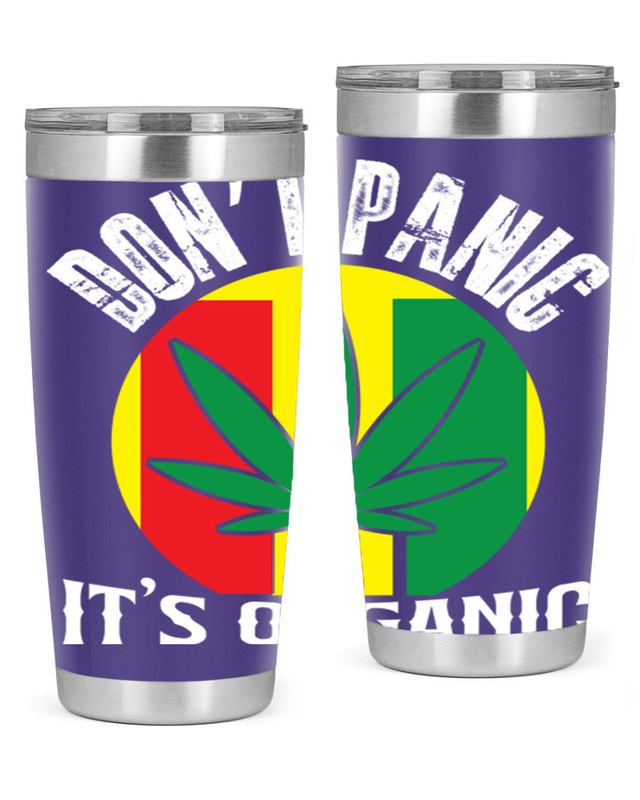 Dont Panic It's Organic 70# Tumbler in stainless steel with vibrant print, showcasing double wall vacuum insulation and a drink-thru lid.