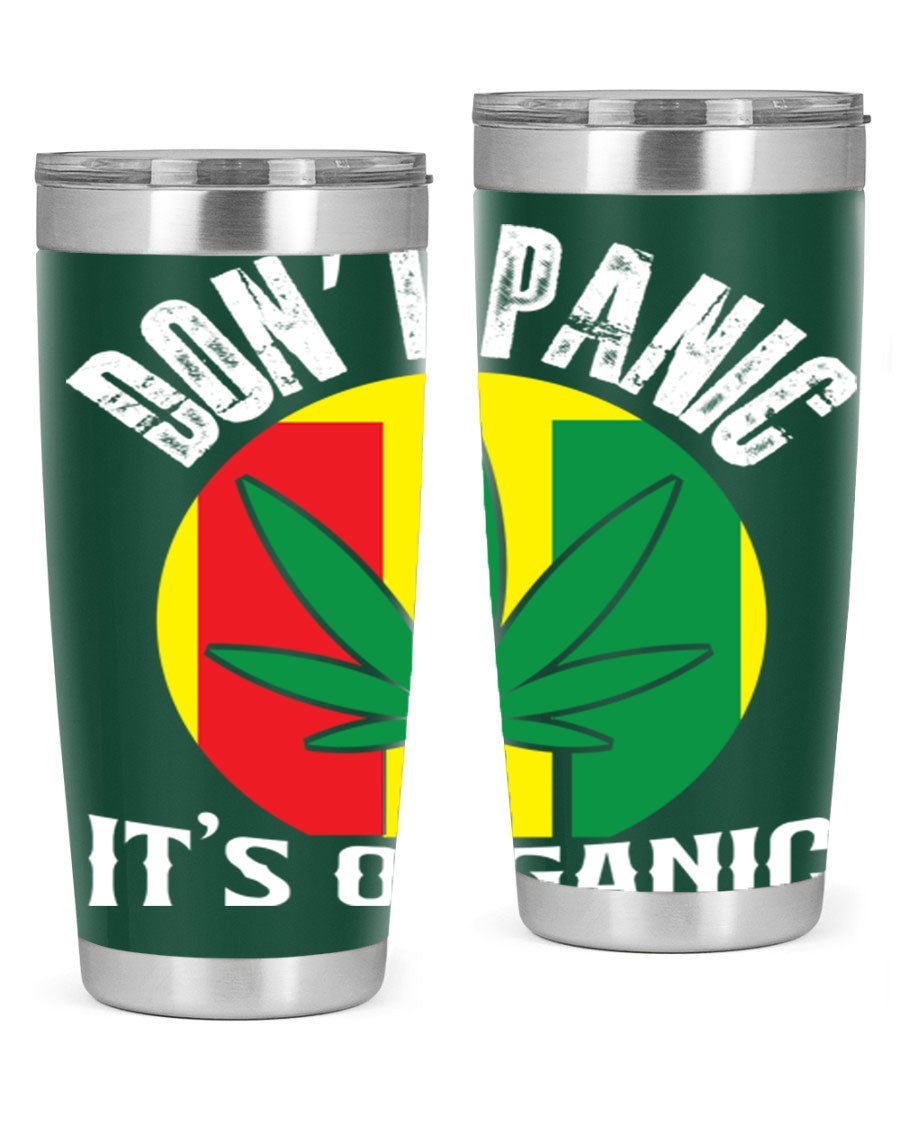 Dont Panic It's Organic 70# Tumbler in stainless steel with vibrant print, showcasing double wall vacuum insulation and a drink-thru lid.