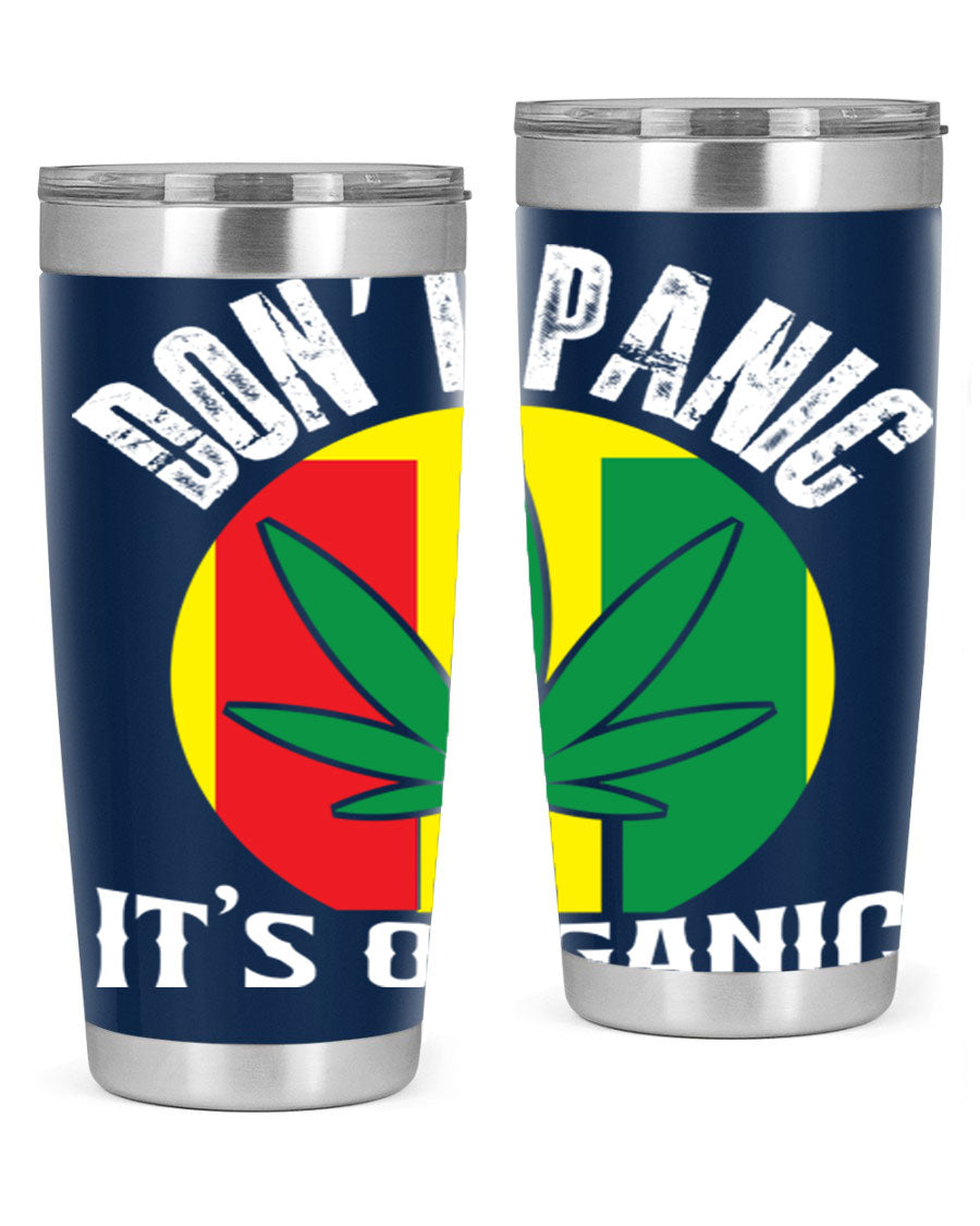 Dont Panic It's Organic 70# Tumbler in stainless steel with vibrant print, showcasing double wall vacuum insulation and a drink-thru lid.