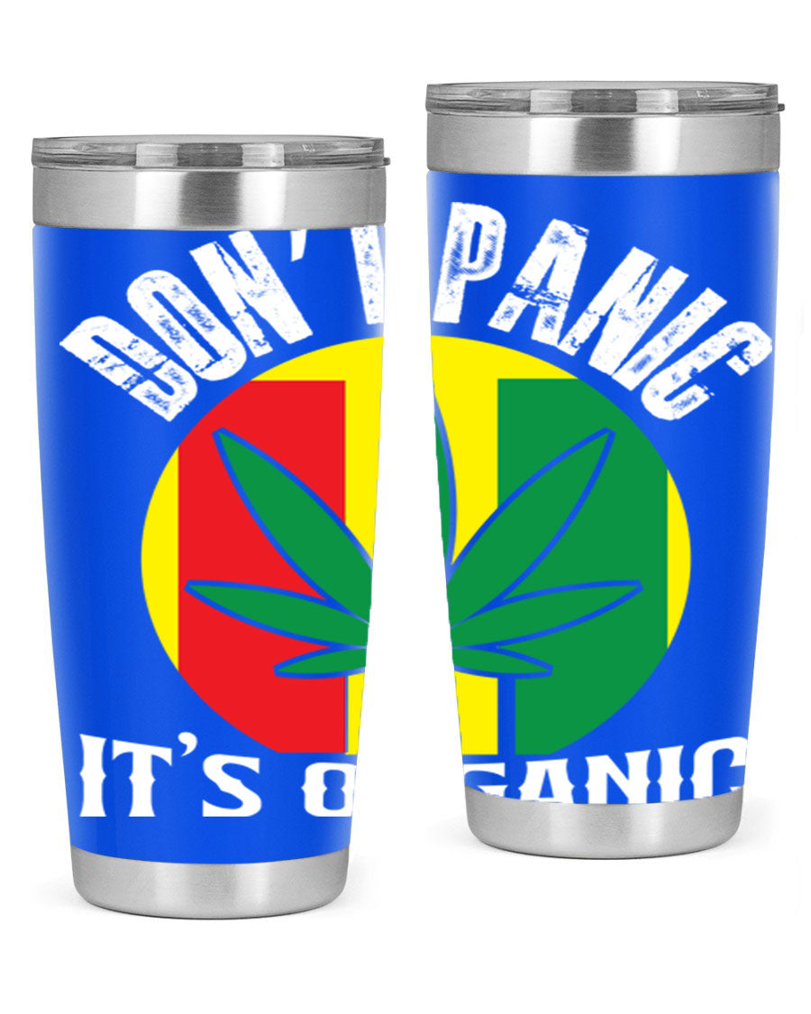 Dont Panic It's Organic 70# Tumbler in stainless steel with vibrant print, showcasing double wall vacuum insulation and a drink-thru lid.