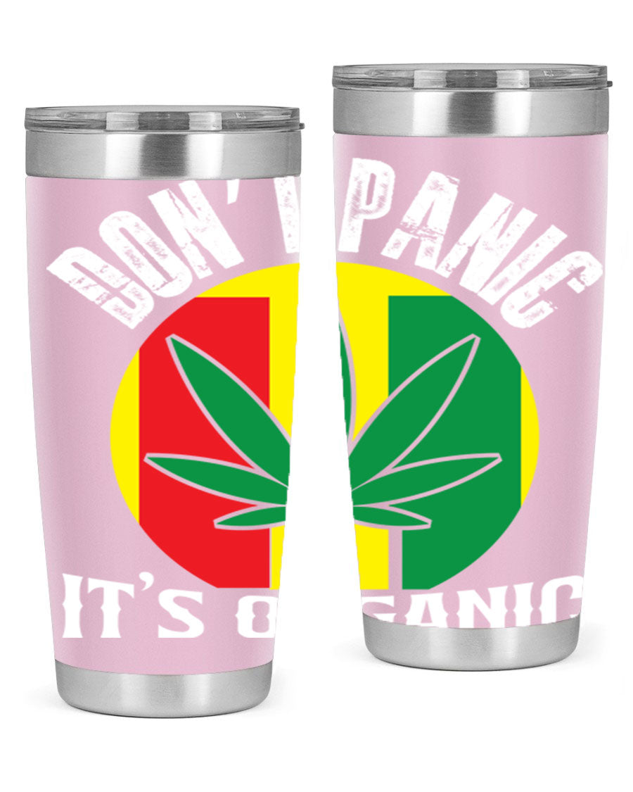 Dont Panic It's Organic 70# Tumbler in stainless steel with vibrant print, showcasing double wall vacuum insulation and a drink-thru lid.