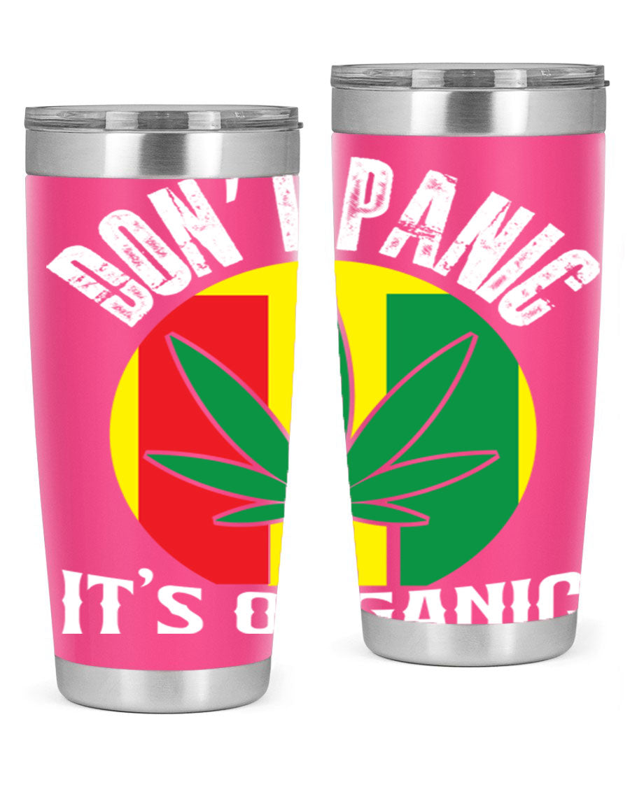 Dont Panic It's Organic 70# Tumbler in stainless steel with vibrant print, showcasing double wall vacuum insulation and a drink-thru lid.