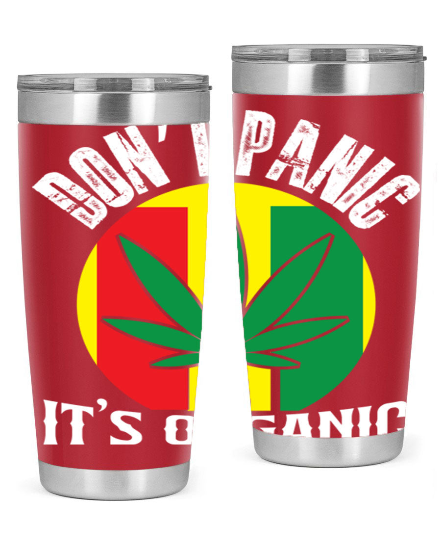 Dont Panic It's Organic 70# Tumbler in stainless steel with vibrant print, showcasing double wall vacuum insulation and a drink-thru lid.