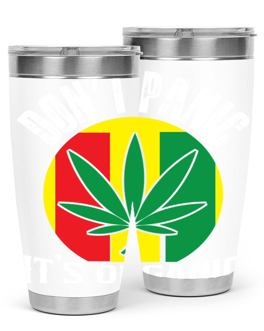 Dont Panic It's Organic 70# Tumbler in stainless steel with vibrant print, showcasing double wall vacuum insulation and a drink-thru lid.