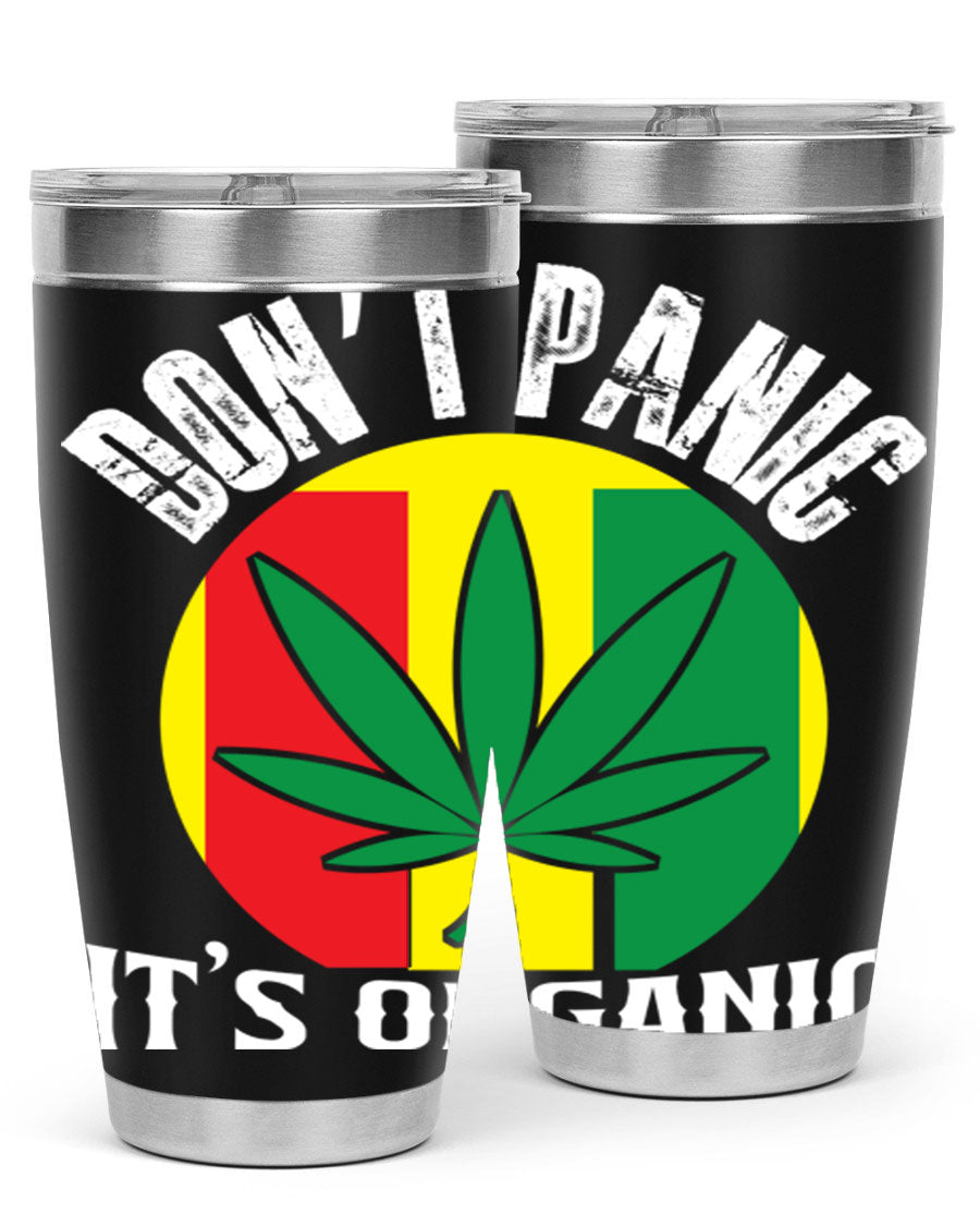 Dont Panic It's Organic 70# Tumbler in stainless steel with vibrant print, showcasing double wall vacuum insulation and a drink-thru lid.