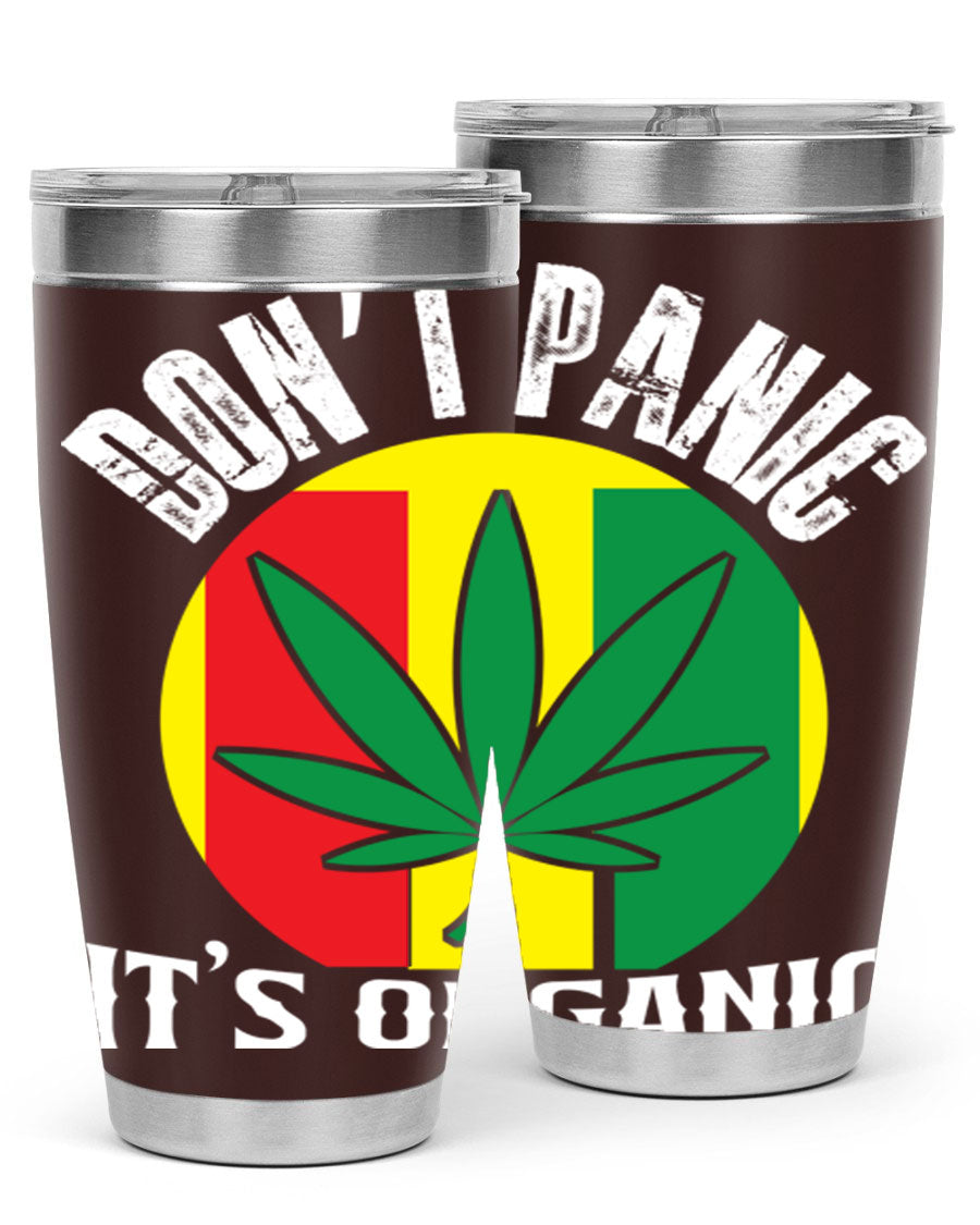 Dont Panic It's Organic 70# Tumbler in stainless steel with vibrant print, showcasing double wall vacuum insulation and a drink-thru lid.