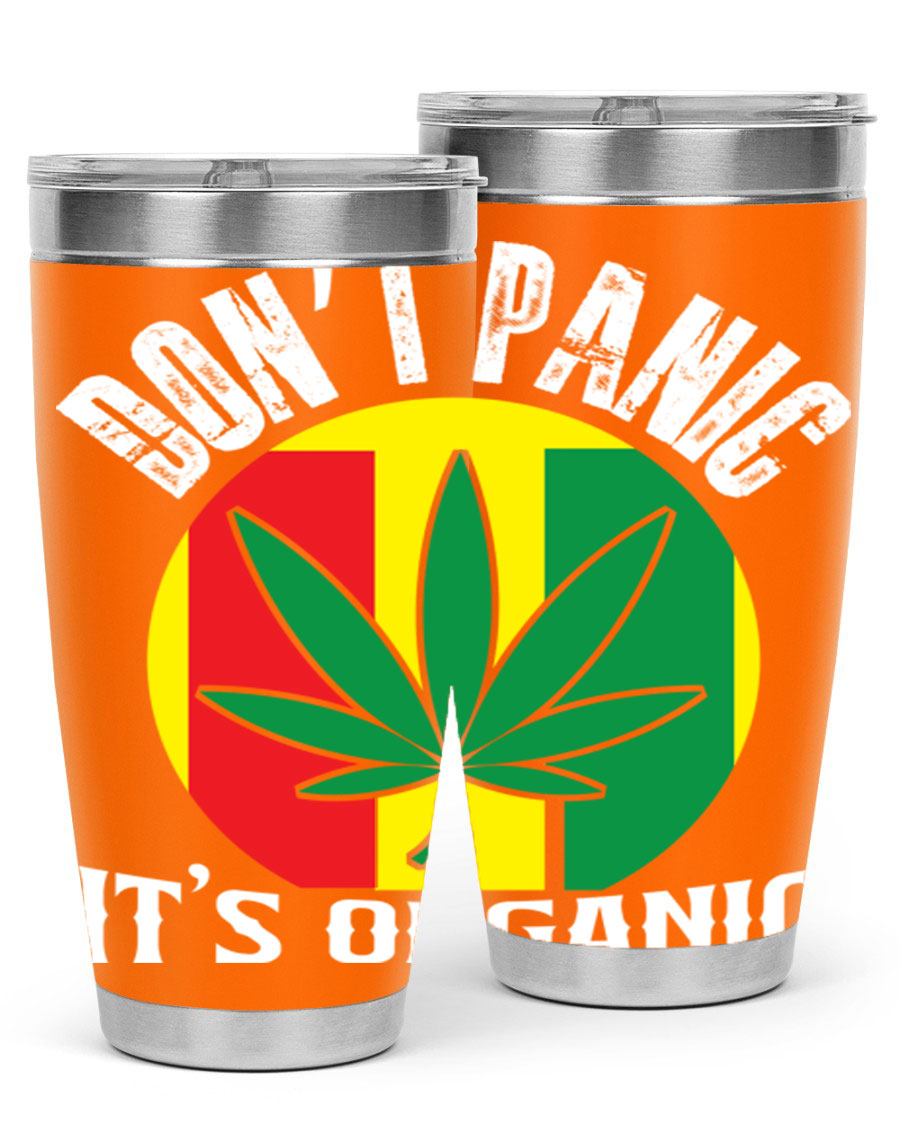 Dont Panic It's Organic 70# Tumbler in stainless steel with vibrant print, showcasing double wall vacuum insulation and a drink-thru lid.