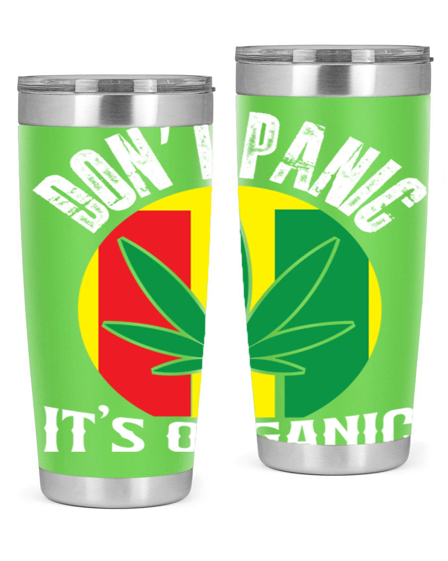 Dont Panic It's Organic 70# Tumbler in stainless steel with vibrant print, showcasing double wall vacuum insulation and a drink-thru lid.
